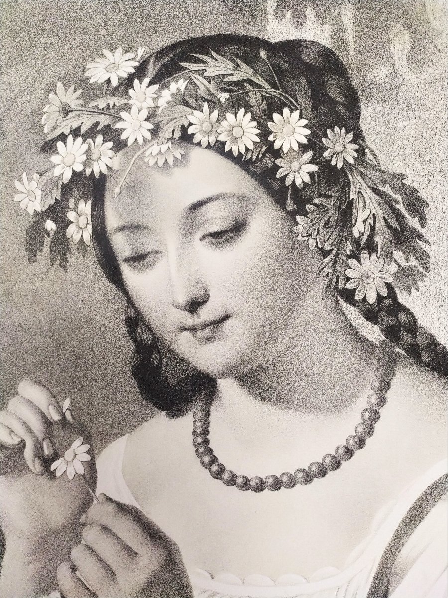Lithograph The Daisies Or Superstition After Romain Cazes 19th C Old Print-photo-4