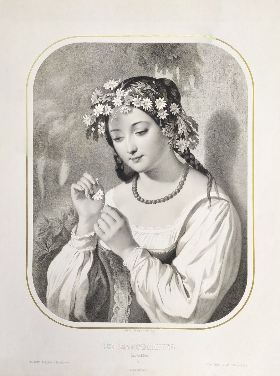 Lithograph The Daisies Or Superstition After Romain Cazes 19th C Old Print