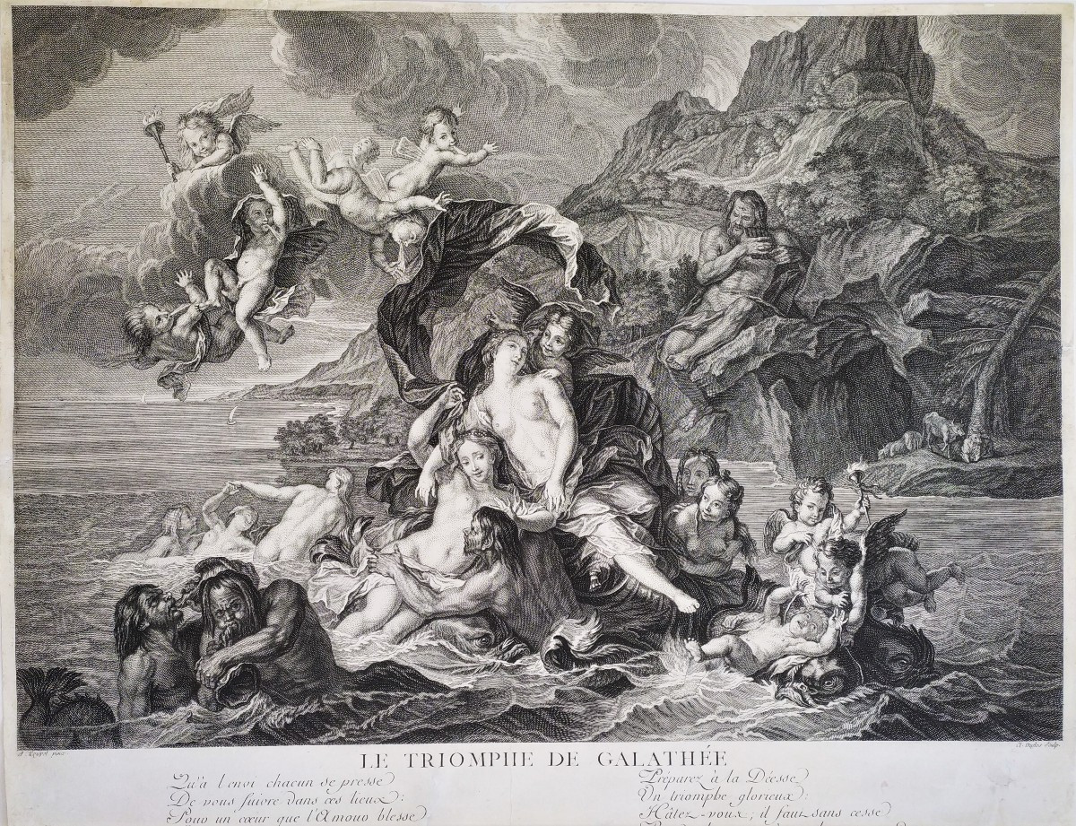 Triumph Of Galatea Mythological Engraving 18th C Etching After Antoine Coypel
