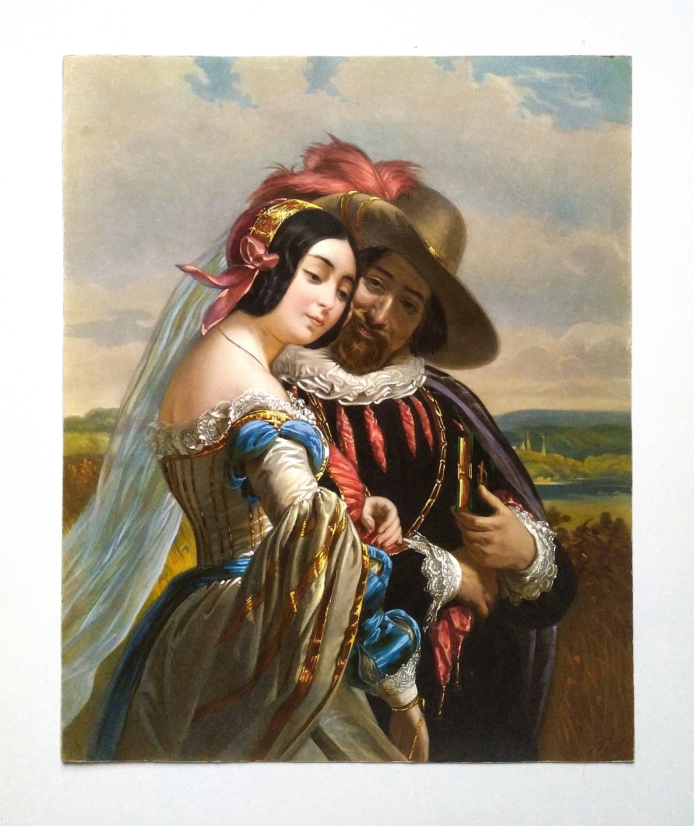 Gallant Couple Watercolored Engraving After Henriette Lorimier 19th C Etching Old Print -photo-2