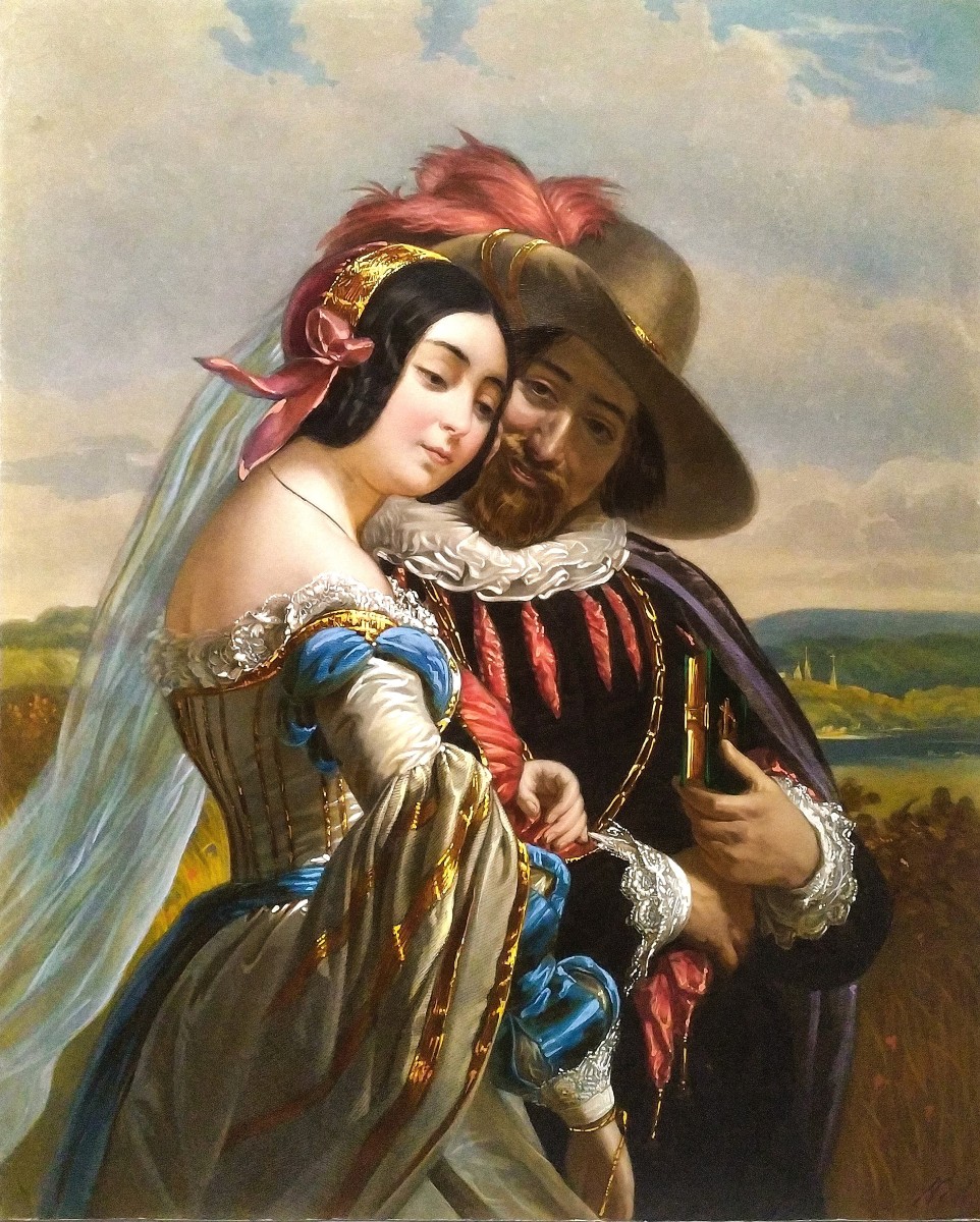 Gallant Couple Watercolored Engraving After Henriette Lorimier 19th C Etching Old Print 