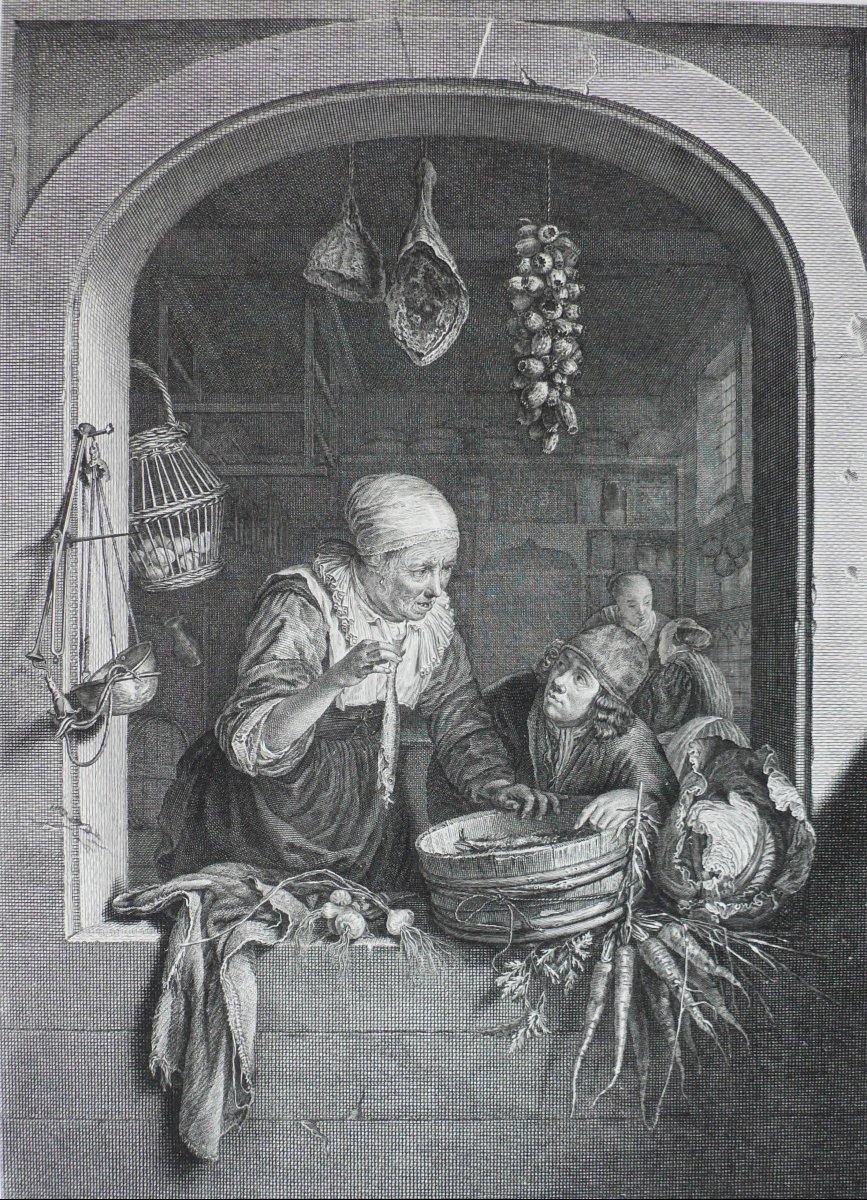  18th Century Etching After Gerrit Dou The Dutch Merchant Engraving  Old Print-photo-2