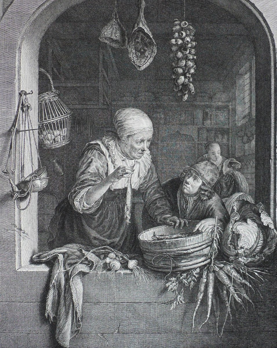  18th Century Etching After Gerrit Dou The Dutch Merchant Engraving  Old Print-photo-4