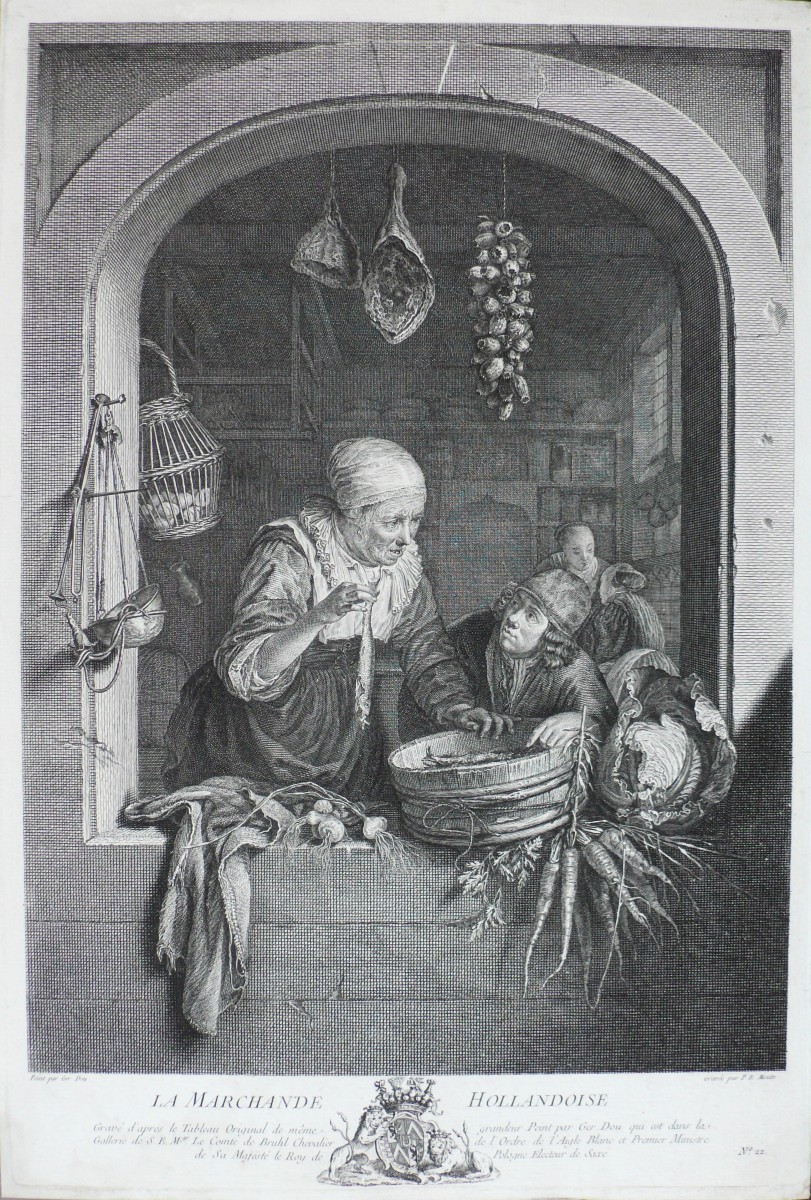  18th Century Etching After Gerrit Dou The Dutch Merchant Engraving  Old Print