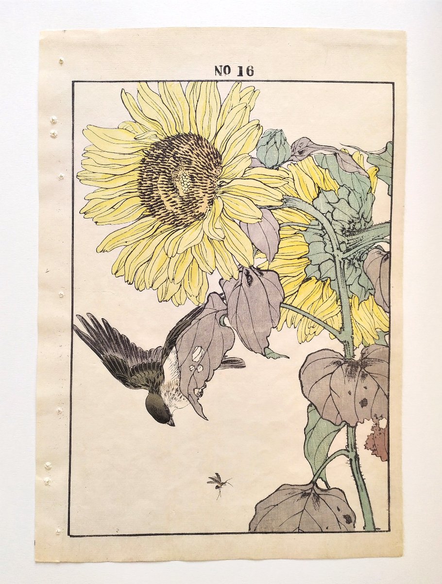Estampe Japonaise Bois gravé Le Tournesol Et l'Oiseau-photo-2