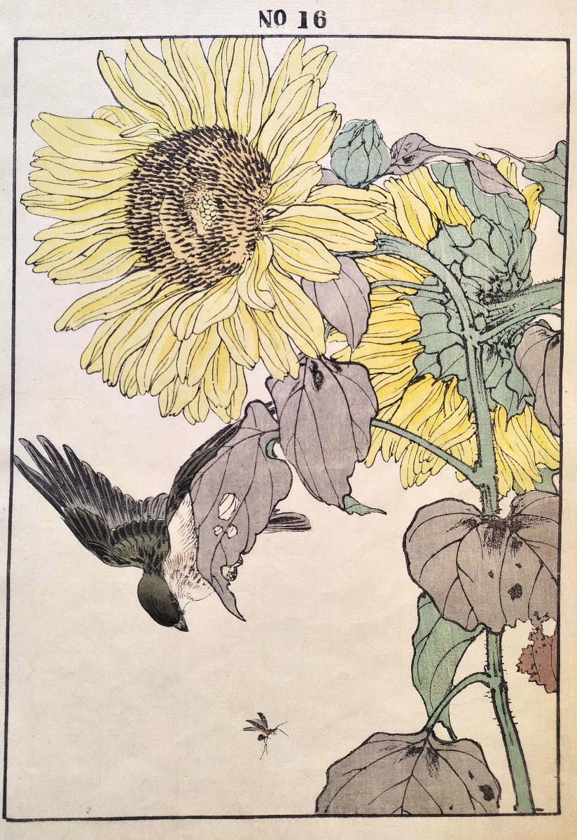 Estampe Japonaise Bois gravé Le Tournesol Et l'Oiseau-photo-3