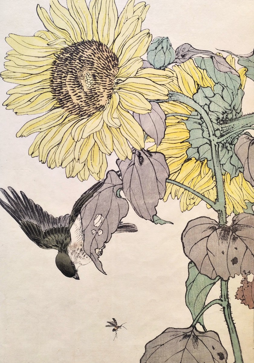 Estampe Japonaise Bois gravé Le Tournesol Et l'Oiseau-photo-1