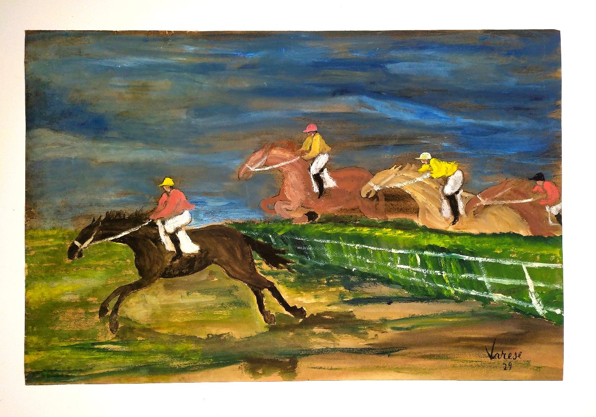 Gabriele Varese Gouache Horse Race 20th Century-photo-2