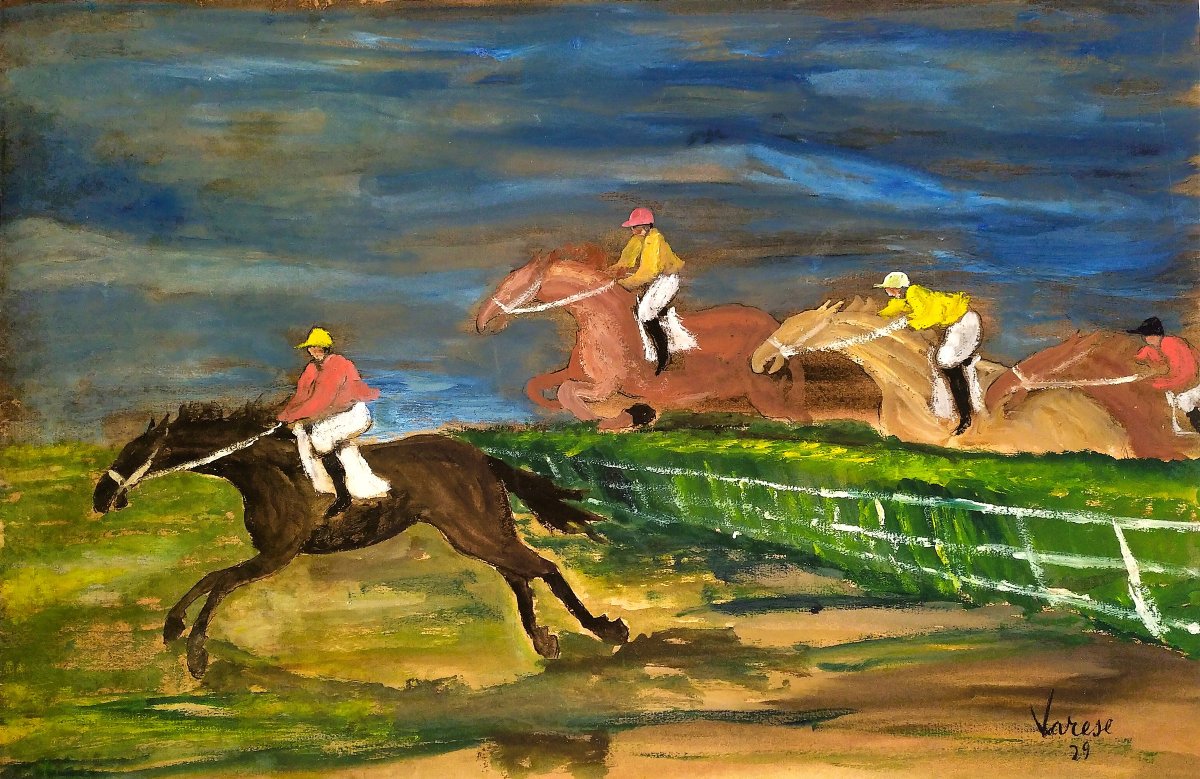 Gabriele Varese Gouache Horse Race 20th Century-photo-3