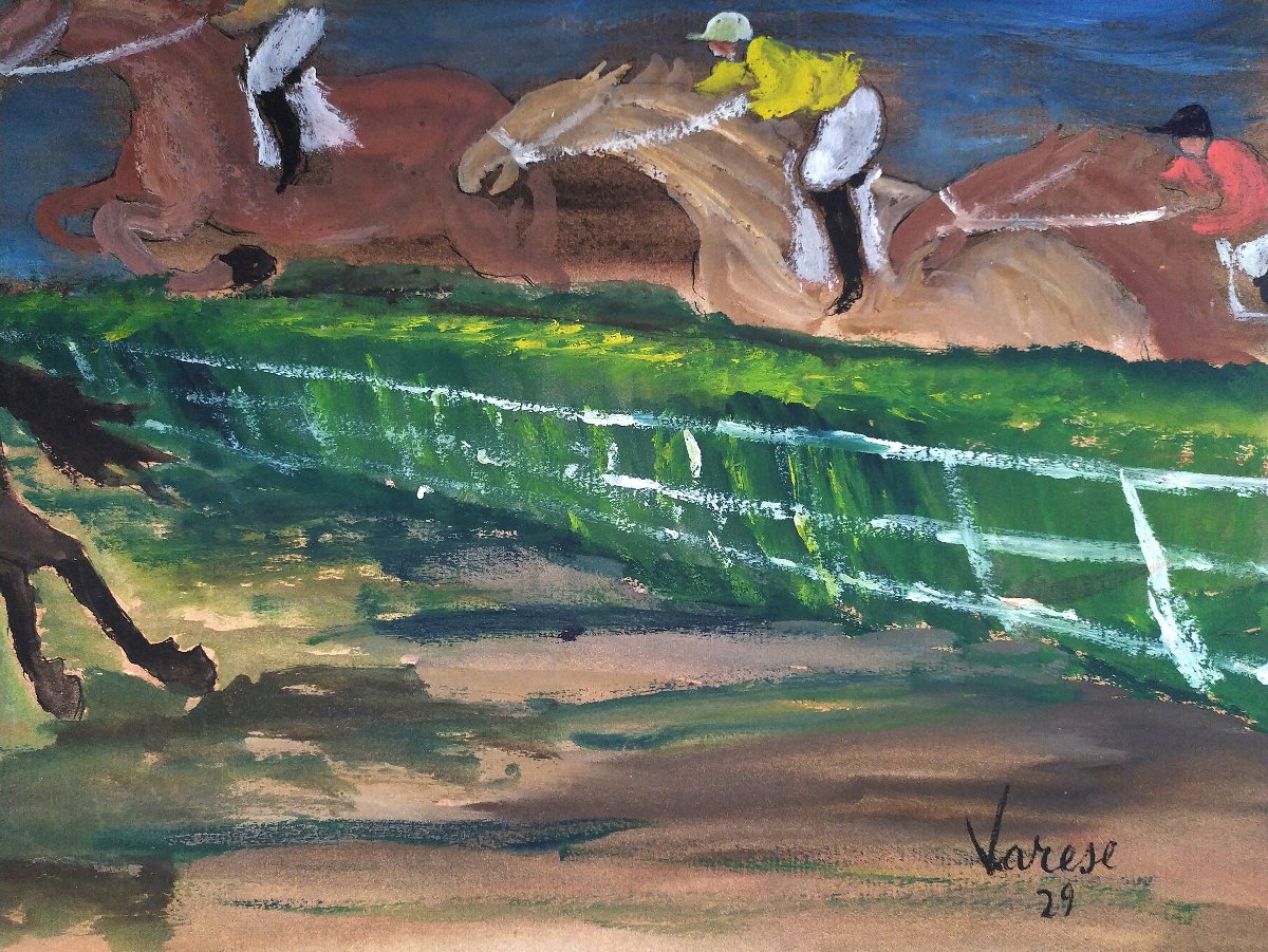 Gabriele Varese Gouache Horse Race 20th Century-photo-4