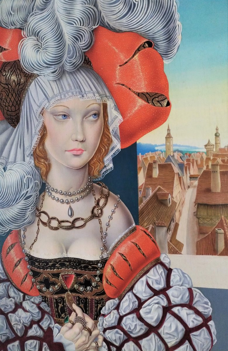 Tableau Huile Portrait Femme En Costume Renaissance par F.Sala-photo-3
