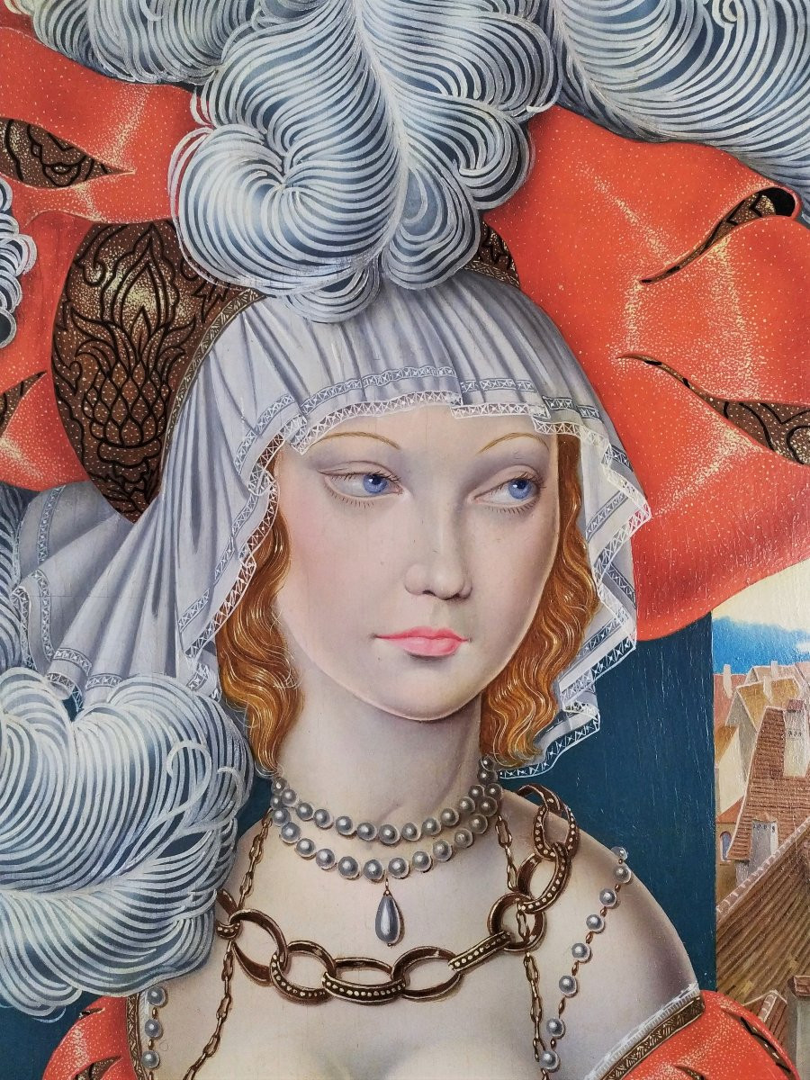 Tableau Huile Portrait Femme En Costume Renaissance par F.Sala-photo-4