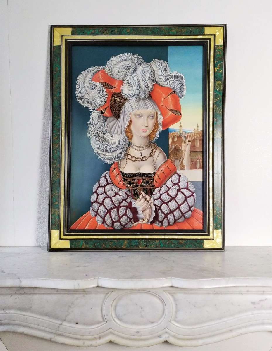 Tableau Huile Portrait Femme En Costume Renaissance par F.Sala-photo-6