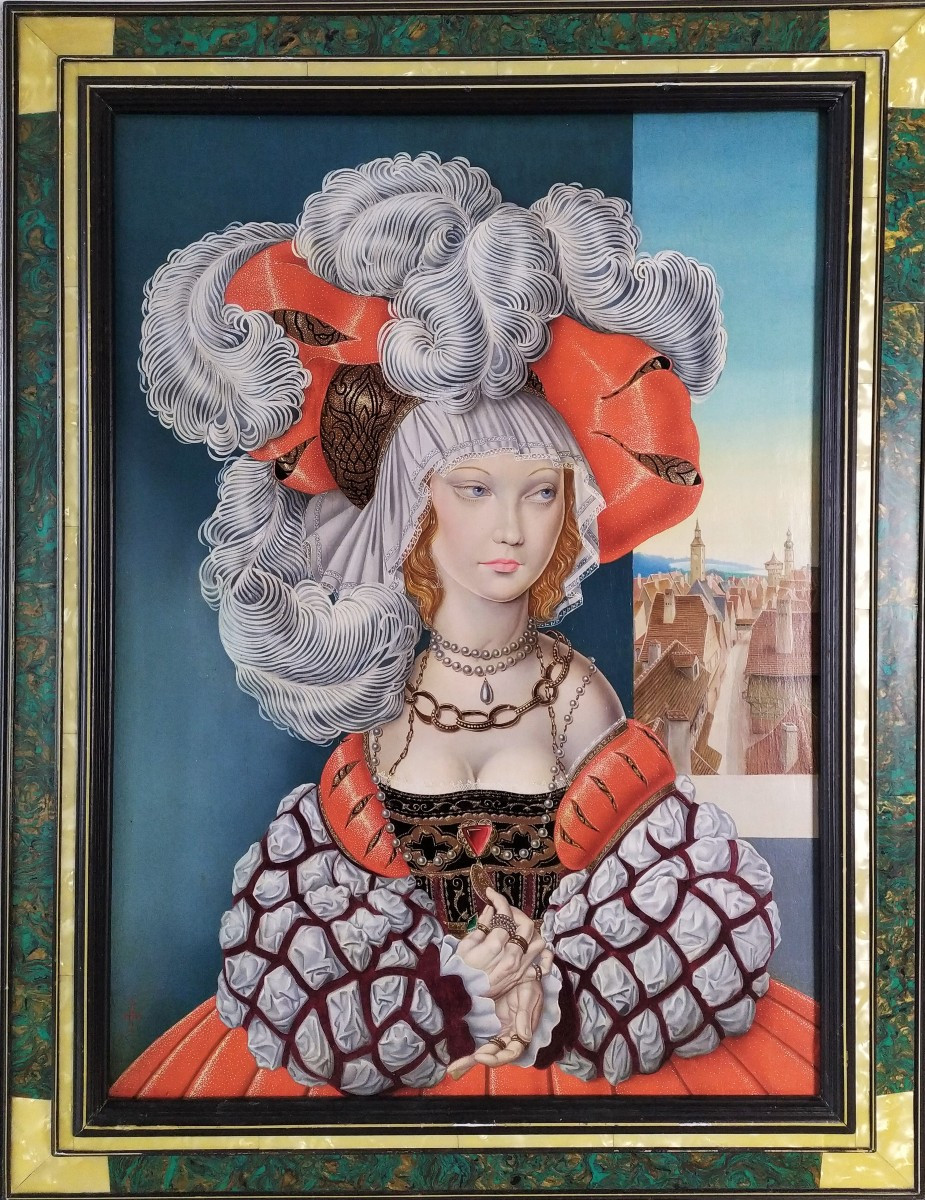 Tableau Huile Portrait Femme En Costume Renaissance par F.Sala