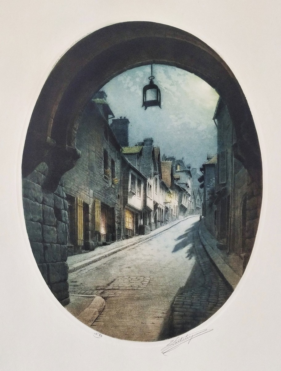 Le Jerzual à Dinan Bretagne Eau-forte par Victor Lochelongue 20ème