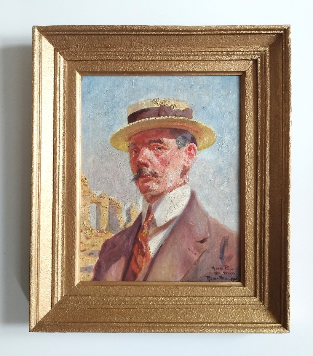 Tableau huile portrait d'Homme au canotier par Léon Reni-Mel 20ème-photo-2