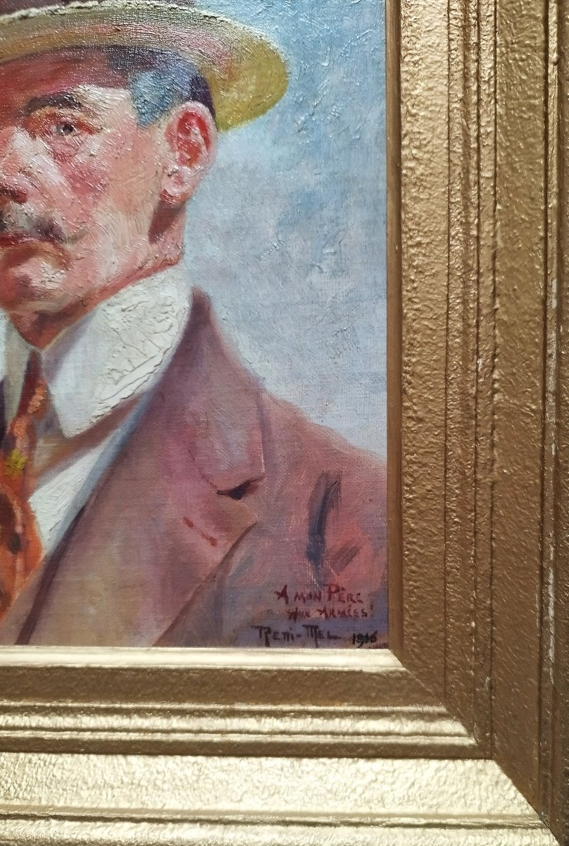 Tableau huile portrait d'Homme au canotier par Léon Reni-Mel 20ème-photo-4