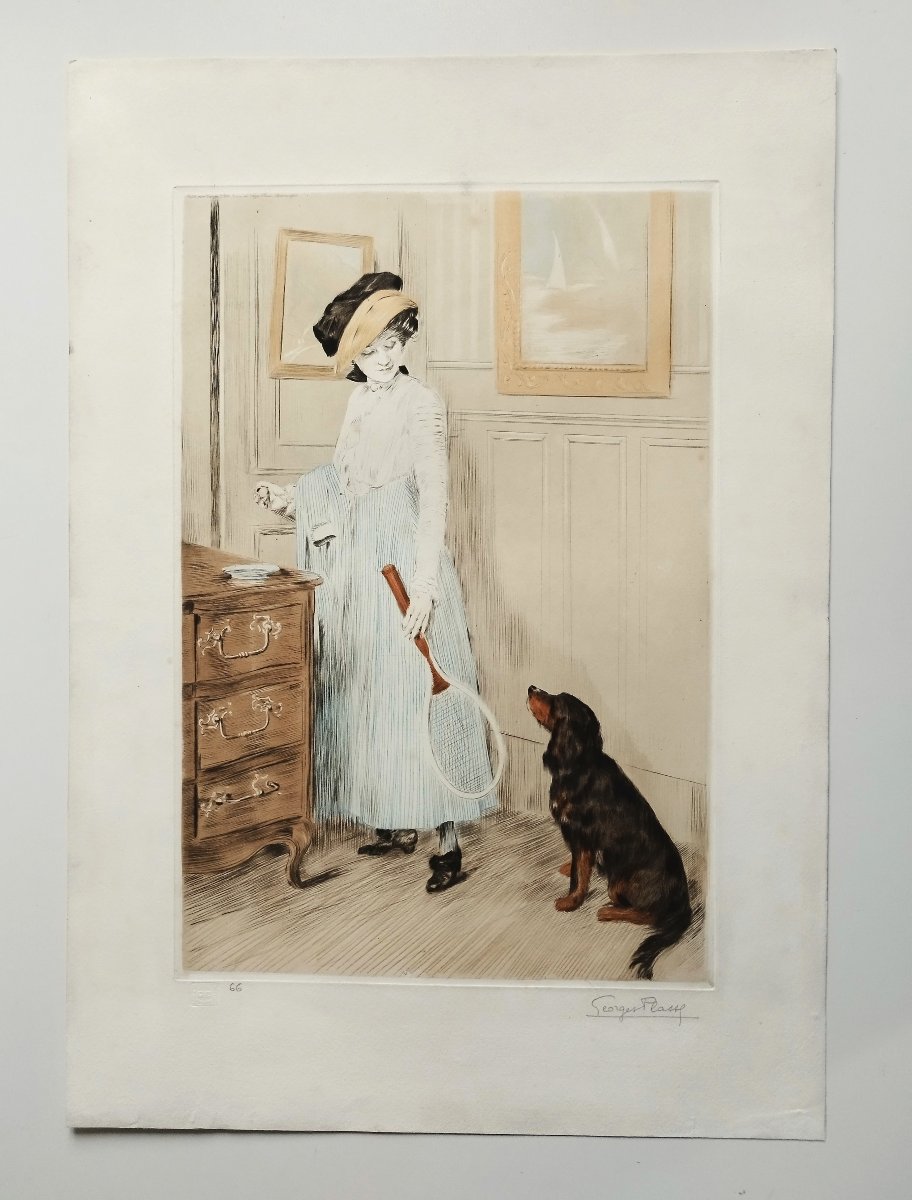 Georges Plasse joueuse de tennis et son chien aquatinte-photo-2