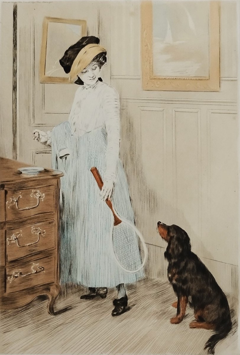 Georges Plasse joueuse de tennis et son chien aquatinte-photo-4