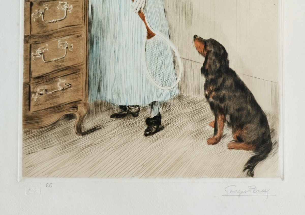 Georges Plasse joueuse de tennis et son chien aquatinte-photo-2