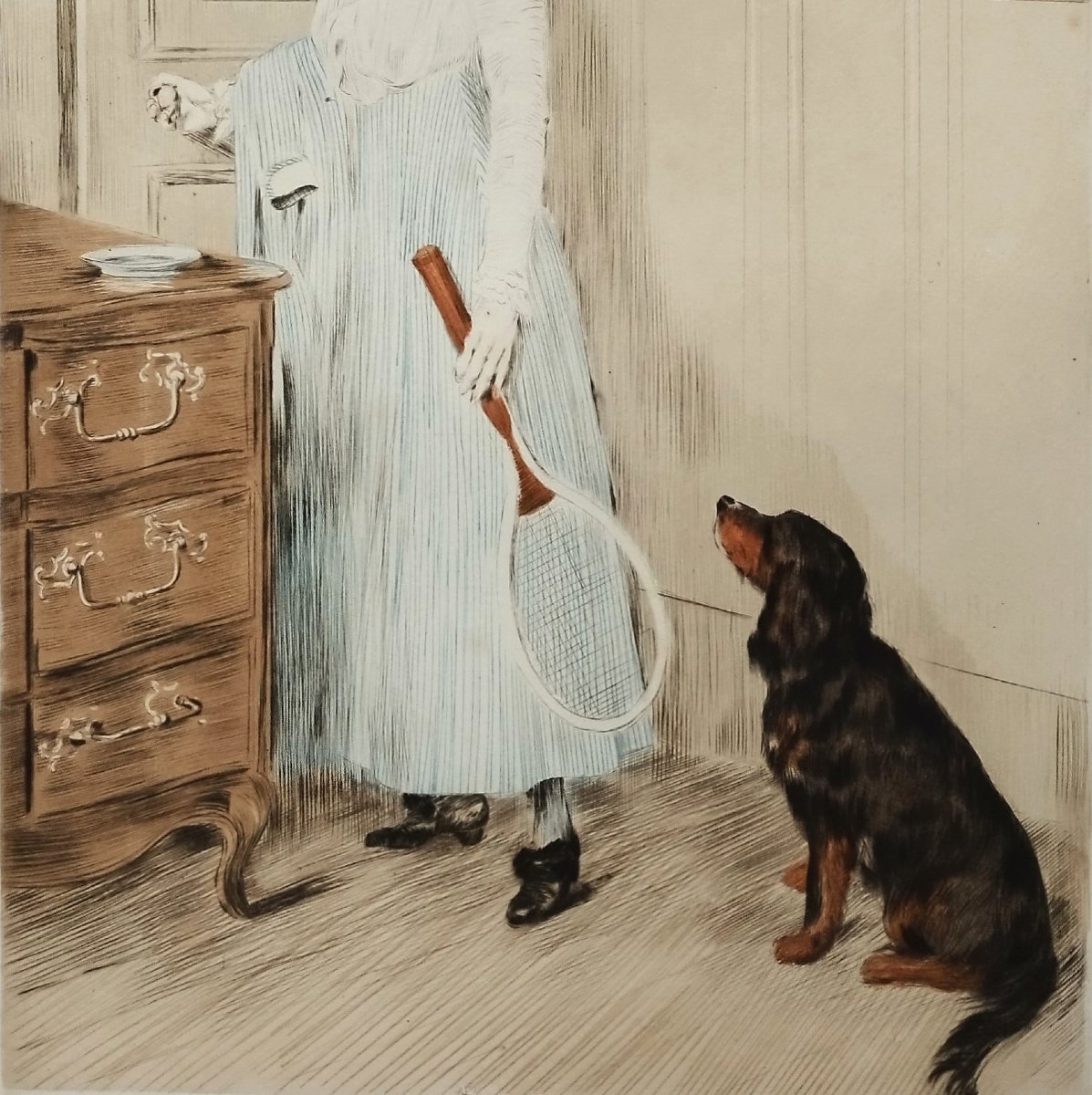 Georges Plasse joueuse de tennis et son chien aquatinte-photo-3