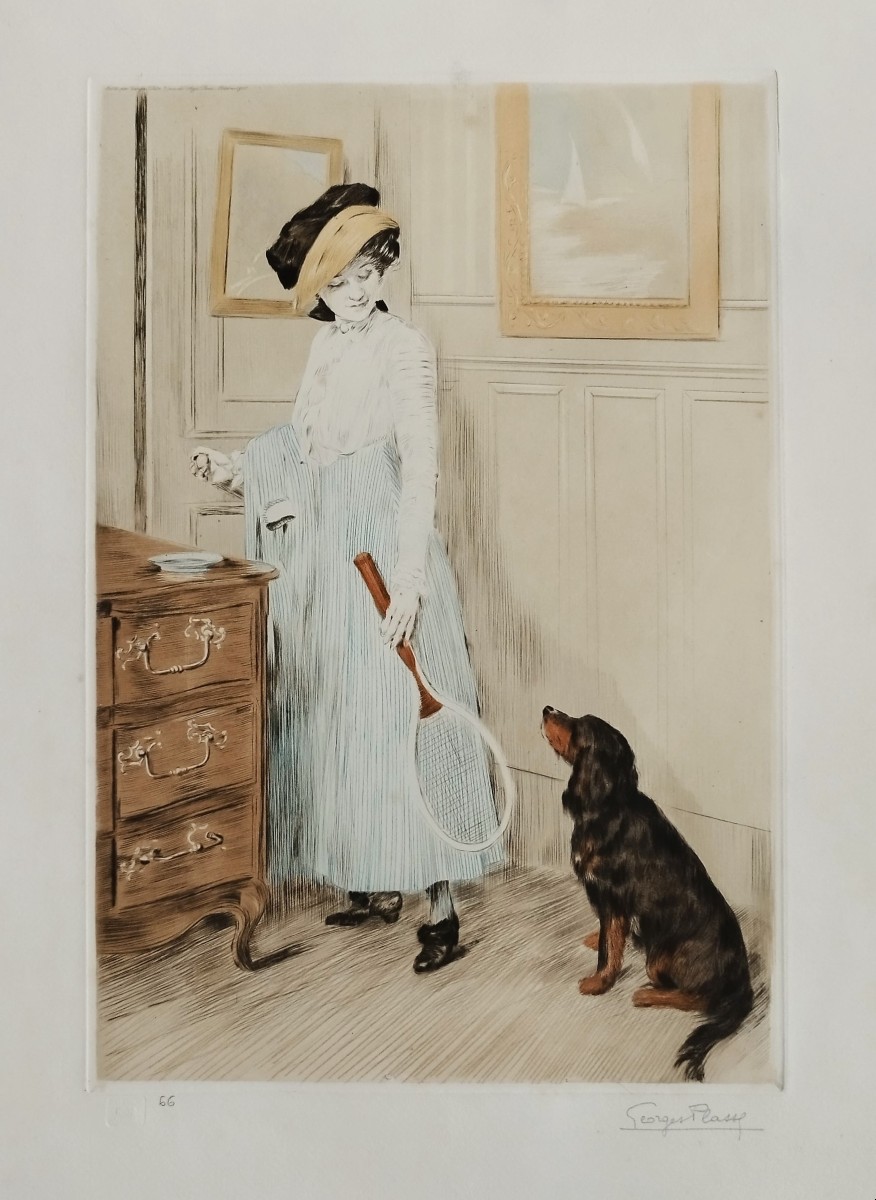 Georges Plasse joueuse de tennis et son chien aquatinte