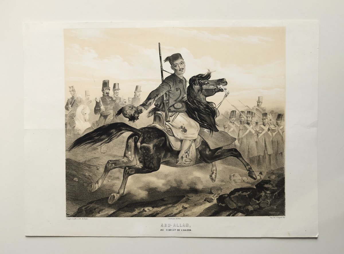 Cheval arabe Abd Allah au combat de l'Habra lithographie XIXème d'après Bayot-photo-2