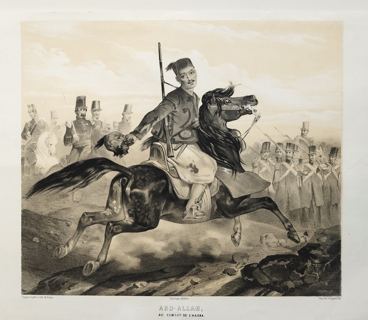 Cheval arabe Abd Allah au combat de l'Habra lithographie XIXème d'après Bayot-photo-3