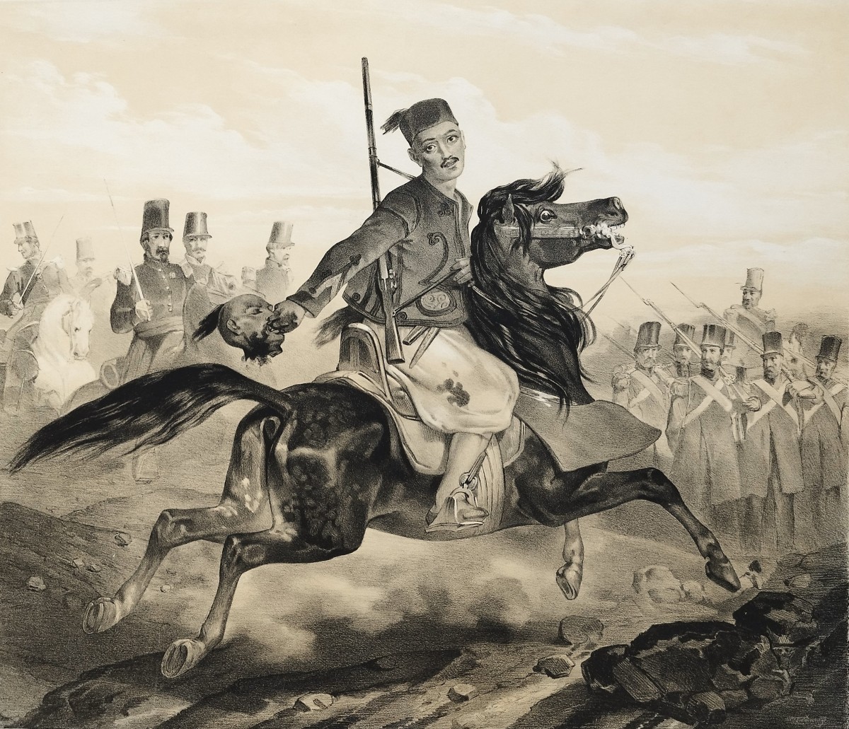 Cheval arabe Abd Allah au combat de l'Habra lithographie XIXème d'après Bayot-photo-1