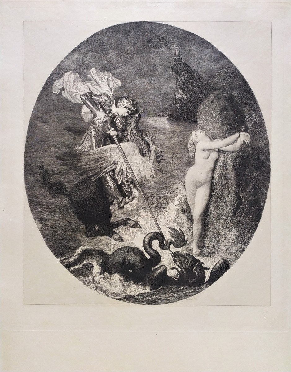 Eau forte mythologie Angélique et Roger d'après Ingres