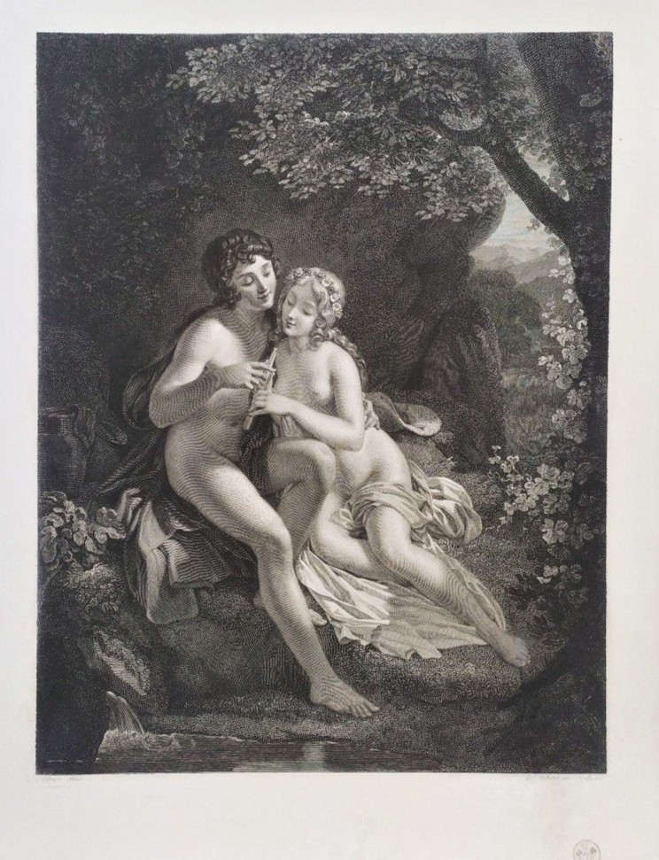 Gravure mythologique 19ème néo classique  Daphnis et Chloé