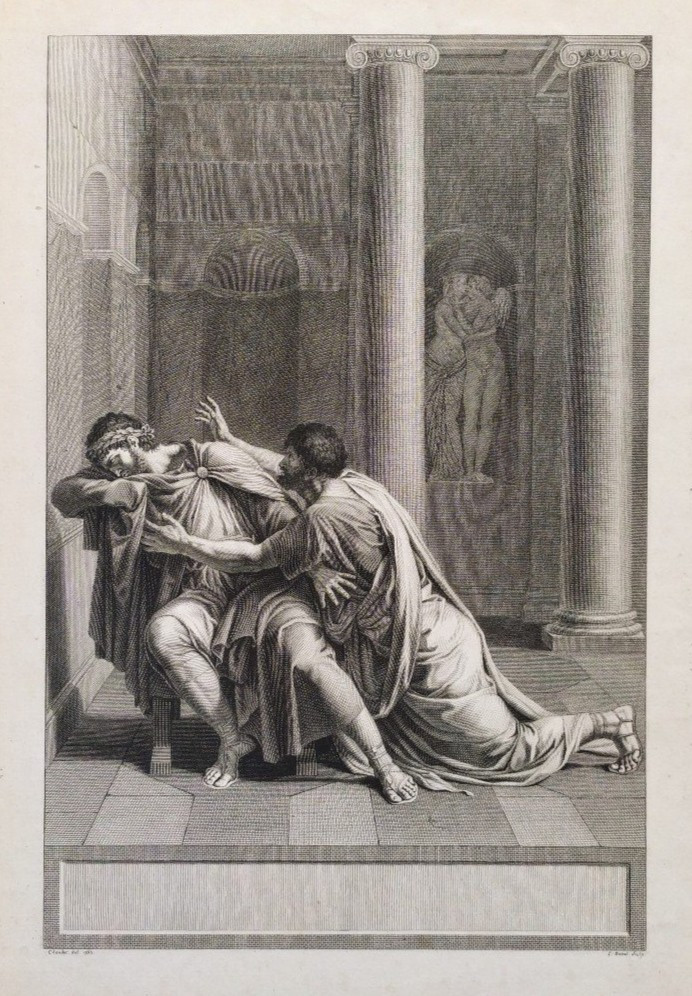 Gravure 18ème eau forte néo classique Britanicus Burrhus