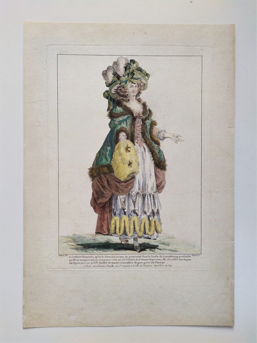 Femme à la mode Eau-forte aquarellée d'après Watteau 18ème -photo-2
