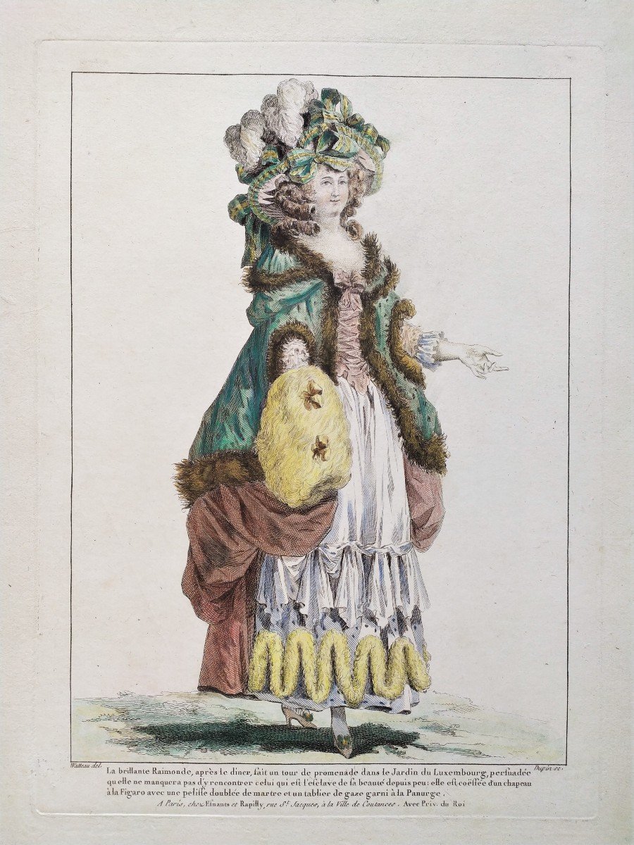 Femme à la mode Eau-forte aquarellée d'après Watteau 18ème -photo-3