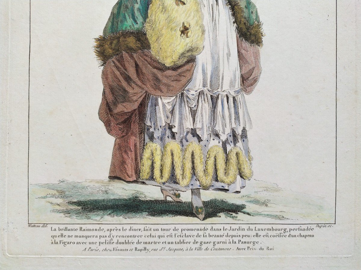 Femme à la mode Eau-forte aquarellée d'après Watteau 18ème -photo-4