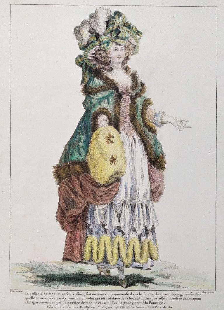 Femme à la mode Eau-forte aquarellée d'après Watteau 18ème -photo-1