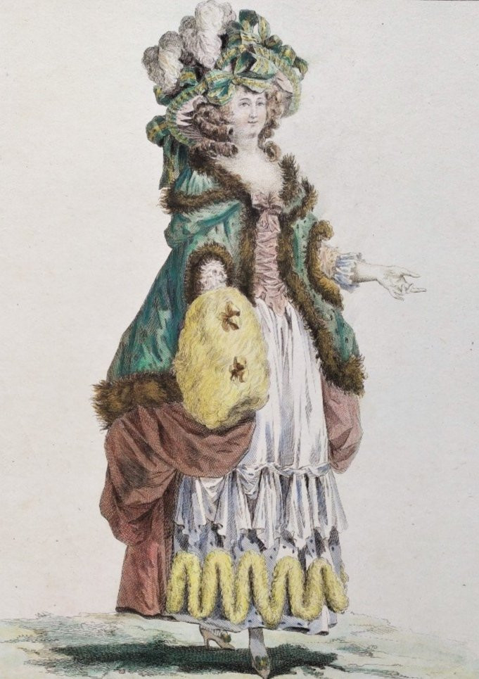 Femme à la mode Eau-forte aquarellée d'après Watteau 18ème -photo-2