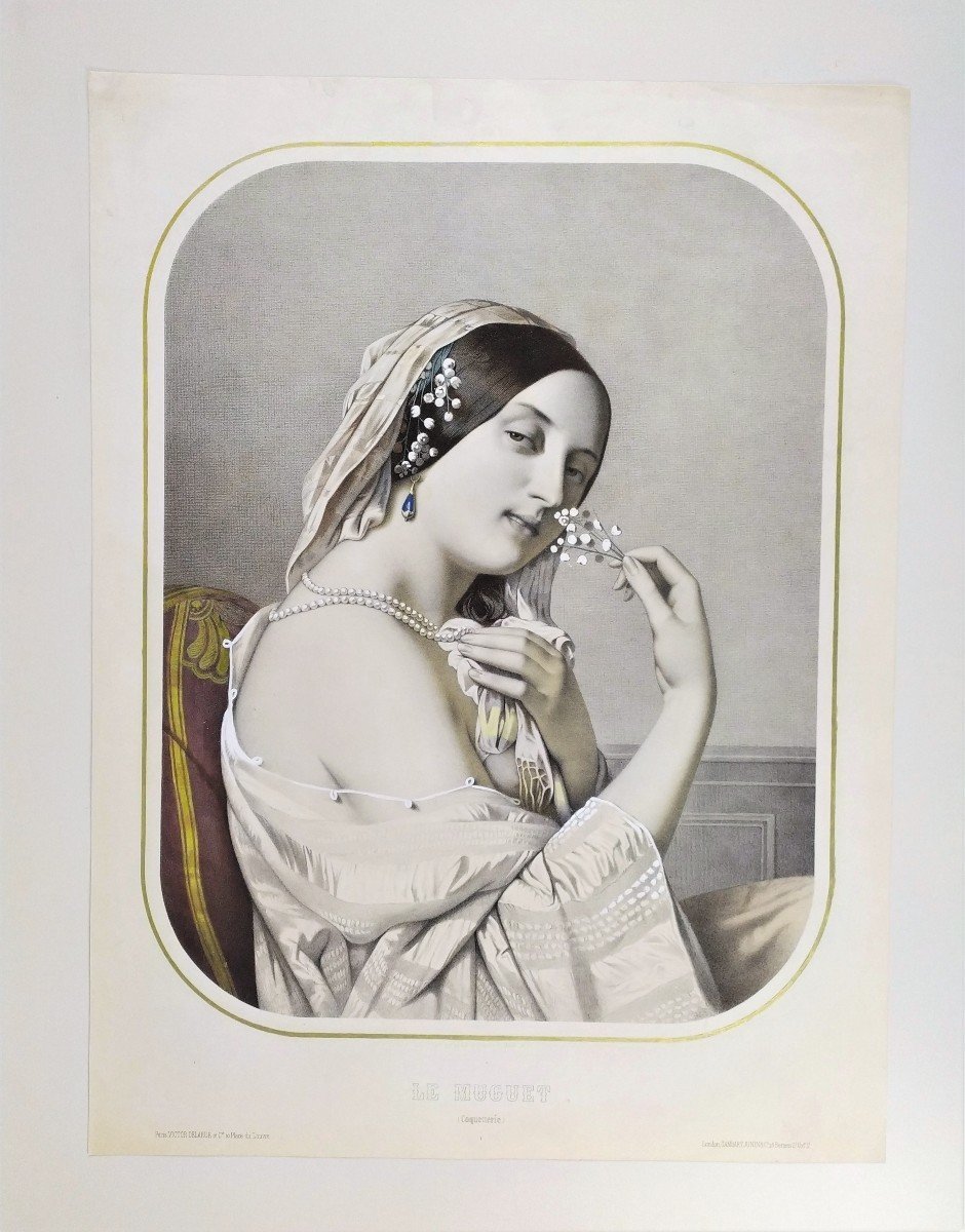 Lithographie aquarellée portrait femme 19ème -photo-2