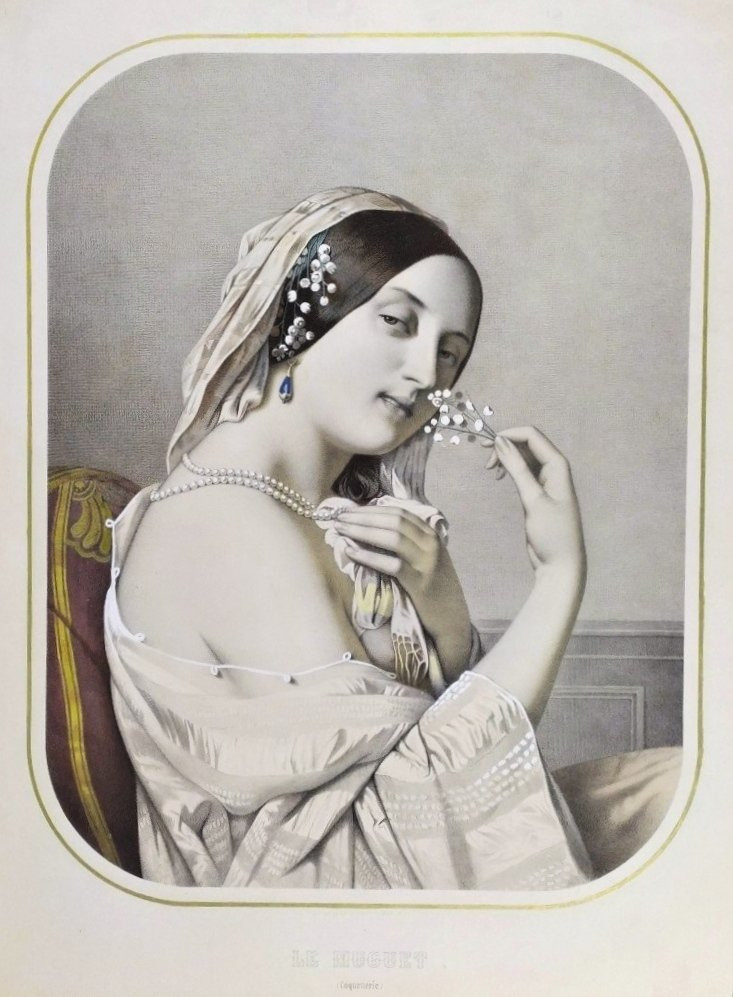 Lithographie aquarellée portrait femme 19ème -photo-3