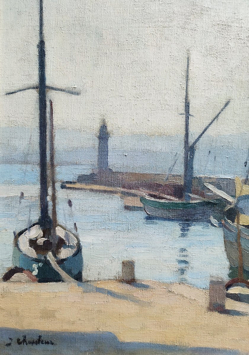  Saint Tropez By Joseph Chauleur Oil Painting Sailboat  20th Century-photo-1