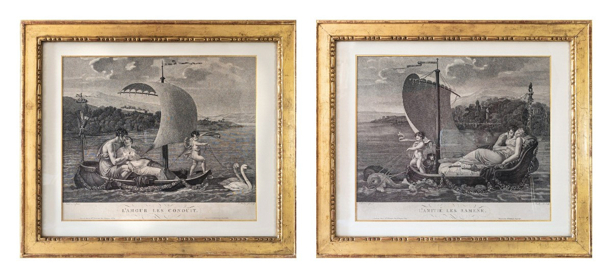 Pair Of Neo-classical Allegorical Engravings After Mallet Empire Period Etching Old Print