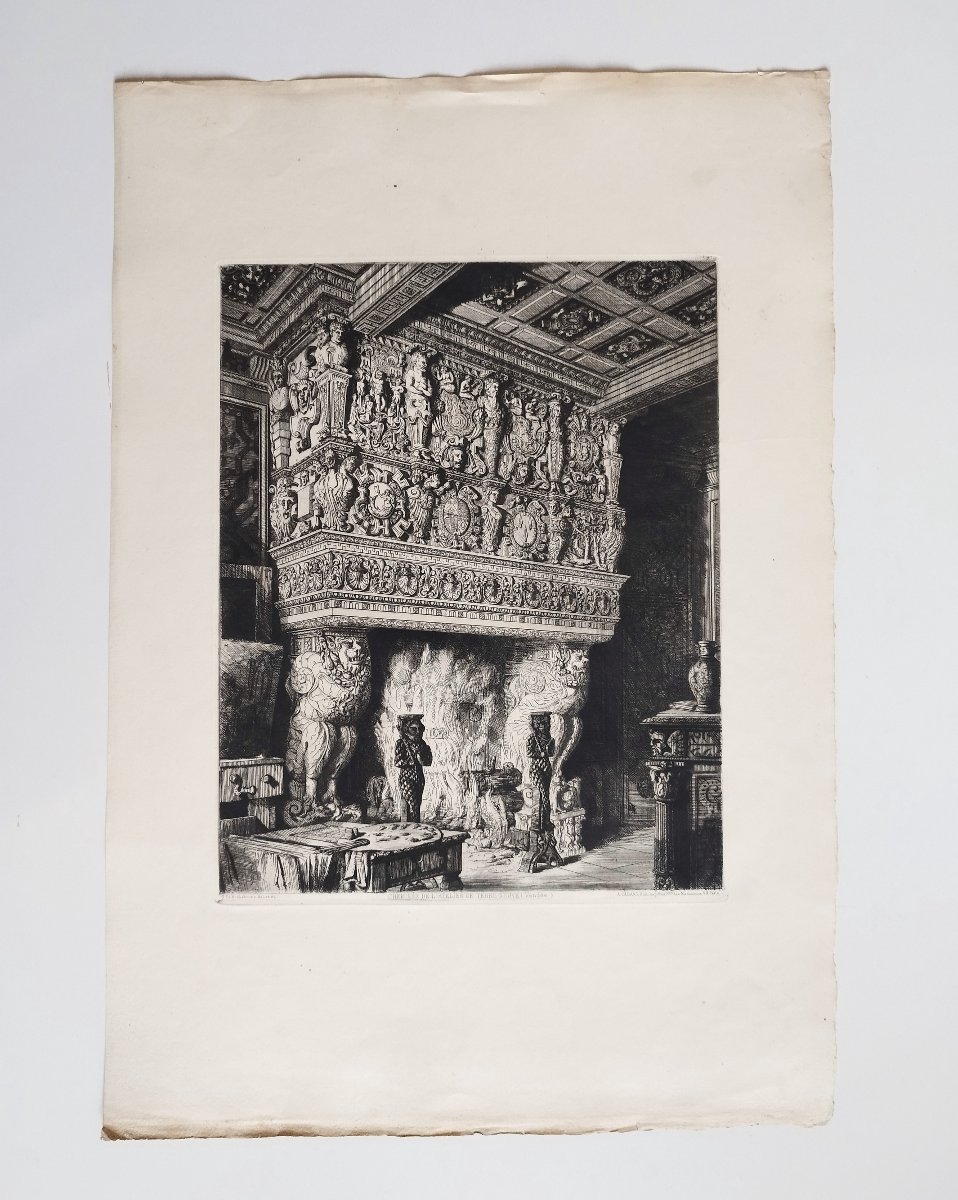 Octave De Rochebrune Fireplace At The Château De Terre-neuve Engraving Architecture Etching XIX-photo-2