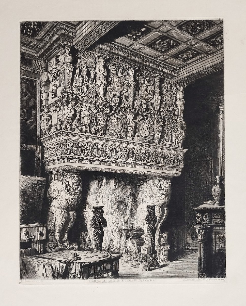 Octave De Rochebrune Fireplace At The Château De Terre-neuve Engraving Architecture Etching XIX