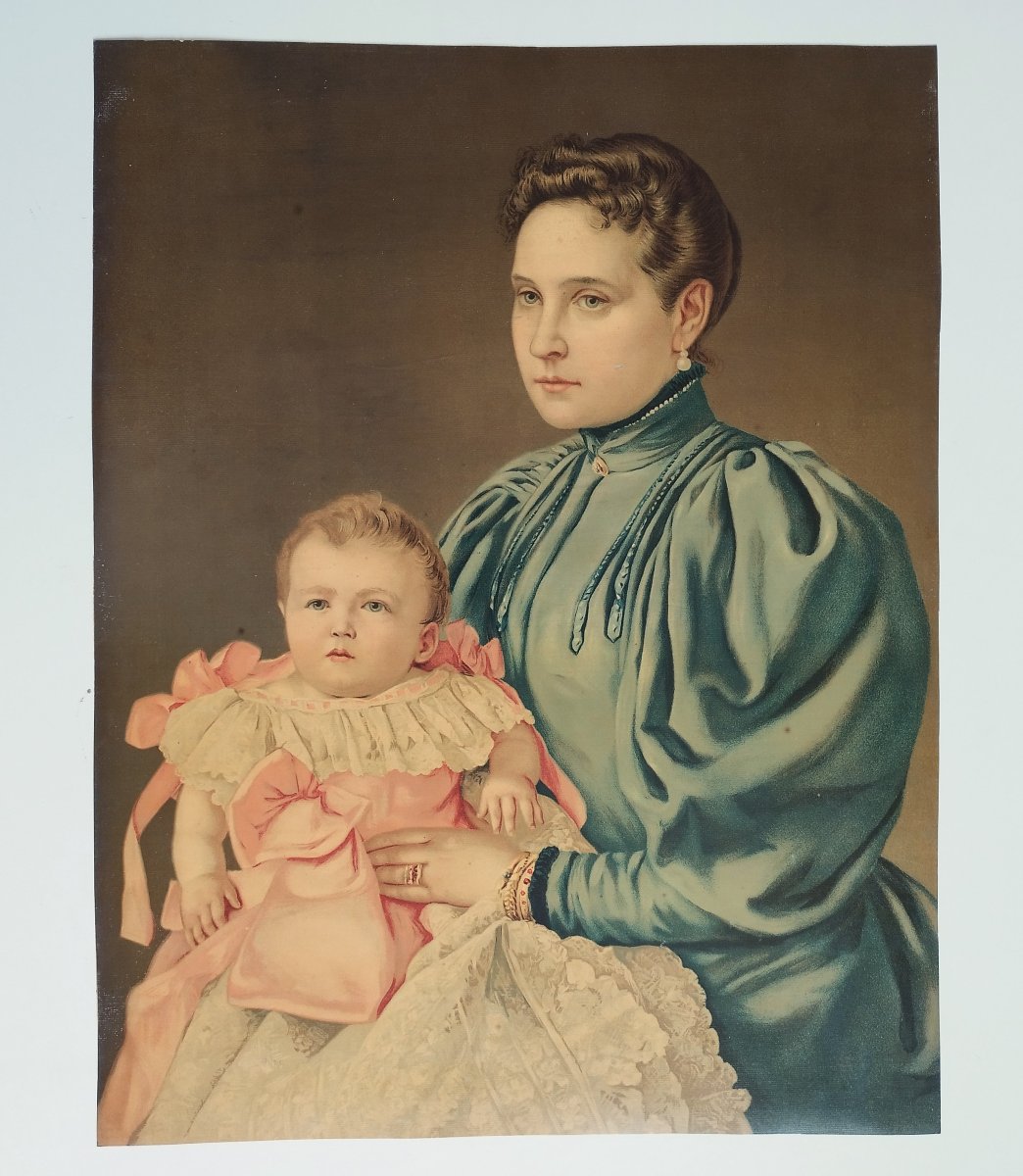 Tsarina Alexandra And Grand Duchess Olga Chromolithography 20th Century Old Print-photo-2