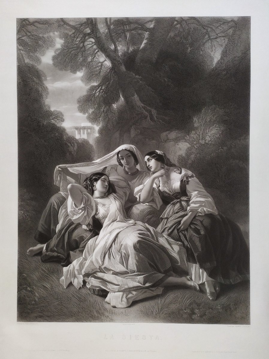 La Siesta Femmes Italiennes Gravure d'Après Winterhalter 19ème-photo-2