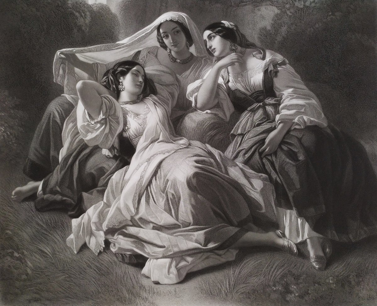 La Siesta Femmes Italiennes Gravure d'Après Winterhalter 19ème-photo-1