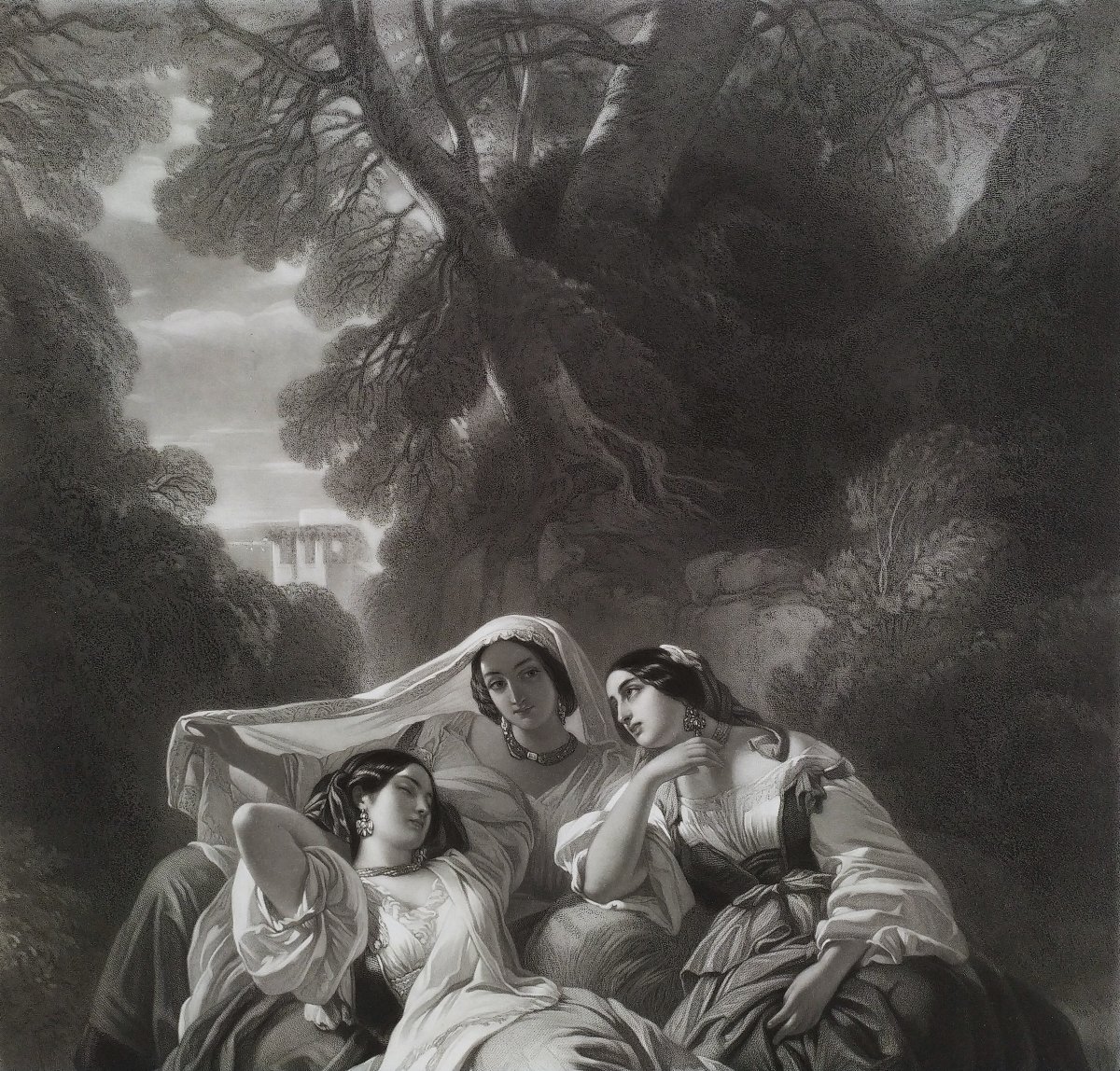 La Siesta Femmes Italiennes Gravure d'Après Winterhalter 19ème-photo-2