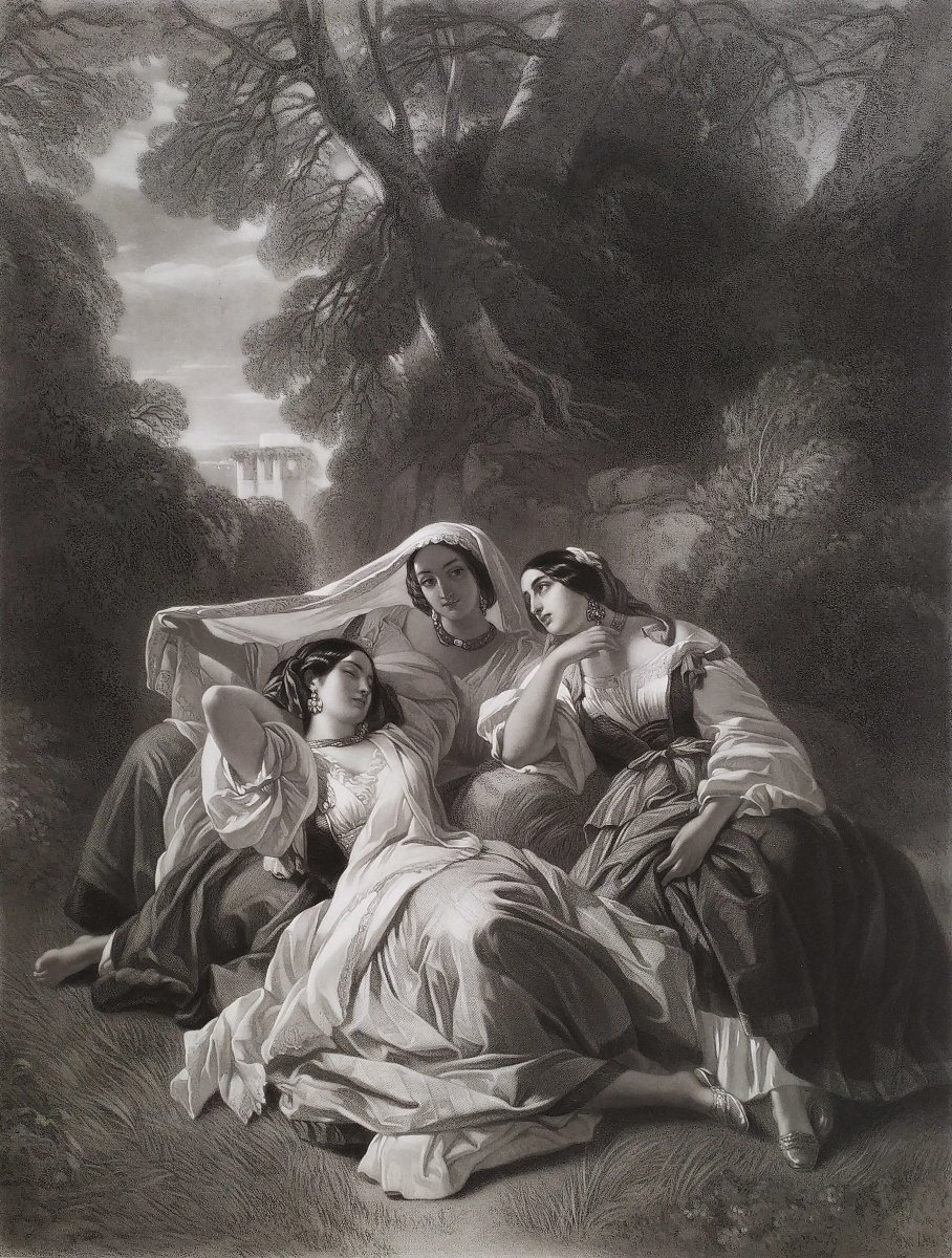La Siesta Femmes Italiennes Gravure d'Après Winterhalter 19ème