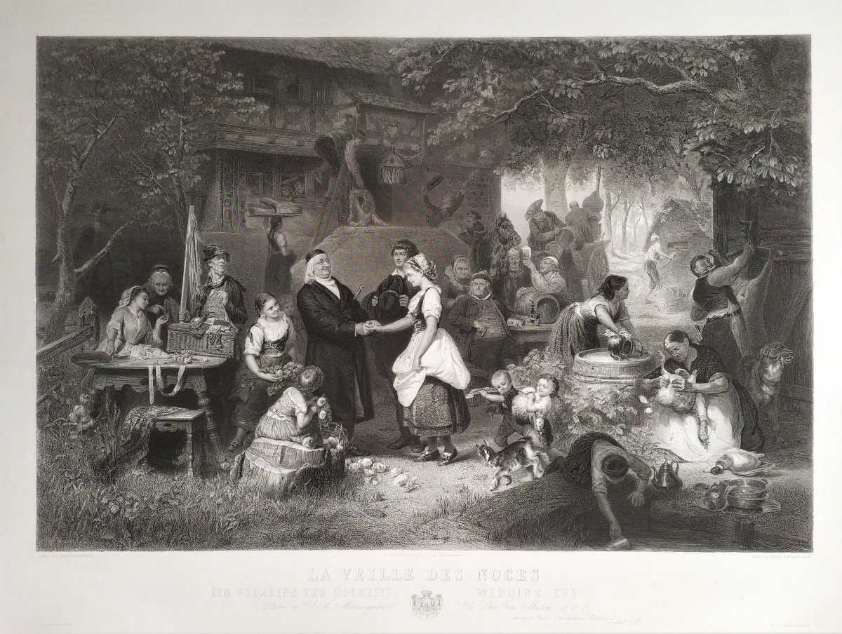 Large Etching 19th C Engraving Genre Scene Old Print -photo-2