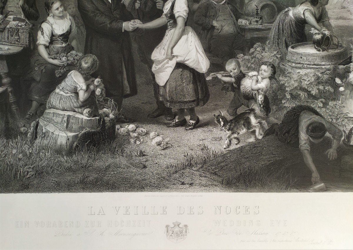 Large Etching 19th C Engraving Genre Scene Old Print -photo-4